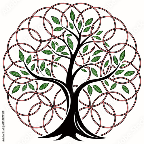 Stylized celtic knot tree of life with intricate circular patterns and green leaves on a white background