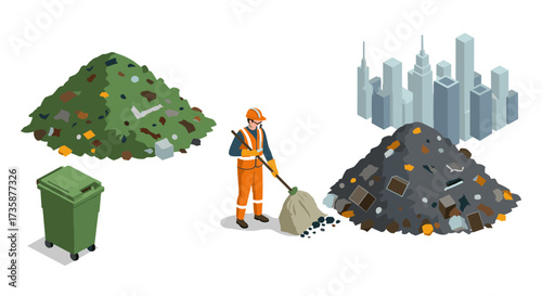 Urban waste management in isometric style worker and recycling concepts