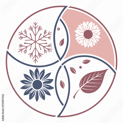 Stylized circular emblem depicting the four seasons with snowflake flower and leaf motifs in a soft color palette