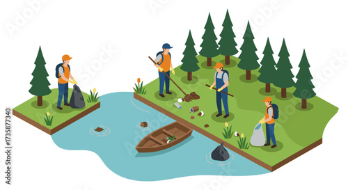 Volunteers cleaning riverbank in isometric forest scene