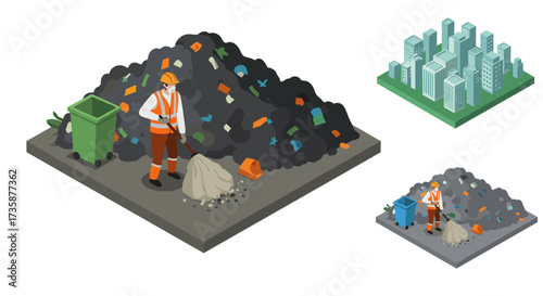 Isometric waste management worker and urban environment concept