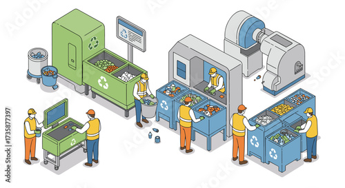Isometric recycling plant with workers sorting waste in a modern facility setting