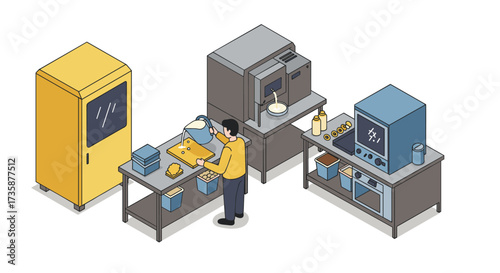 Isometric kitchen scene with man baking and using appliances in modern setting