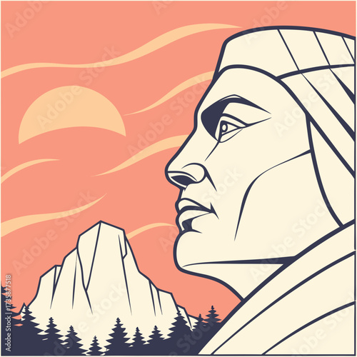 Stylized illustration of a native american chief profile overlooking a majestic mountain peak at sunset with stylized clouds and pine trees