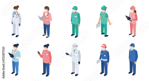 Diverse healthcare and construction workers isometric set with masks and uniforms