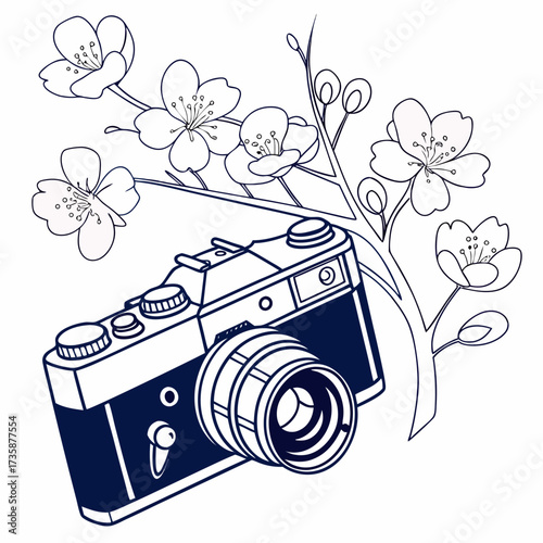 Stylized illustration of a vintage camera with delicate cherry blossoms blooming on a branch against a white background