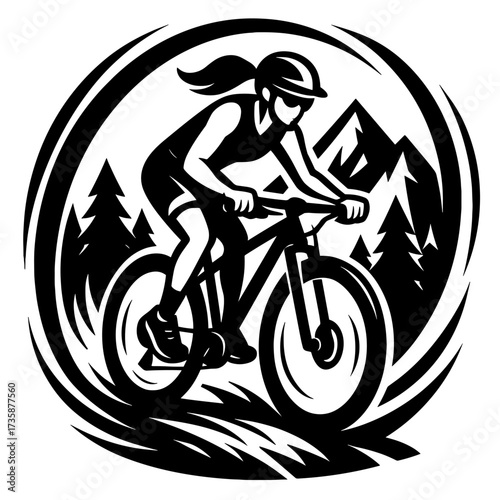 Vector illustration of woman cycling in mountainous landscape, ideal for outdoor adventure logos, fitness campaigns, or cycling brand identity
