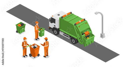 Isometric garbage collection scene with truck and workers on urban street