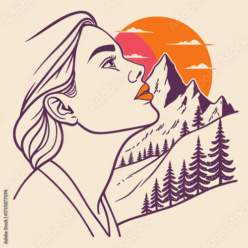 Stylized illustration of a woman s profile merging with a majestic mountain landscape at sunset