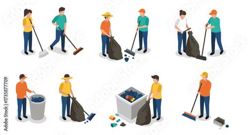 Isometric people engaged in cleaning and recycling activities on a white background