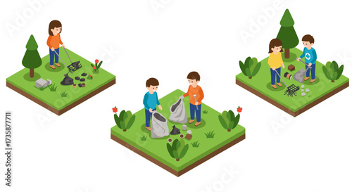 Children participating in outdoor cleanup activities in isometric style