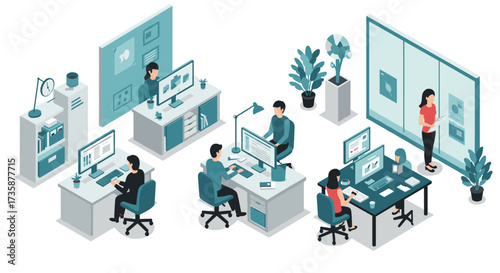 Modern office isometric design with people working at desks and collaborative spaces
