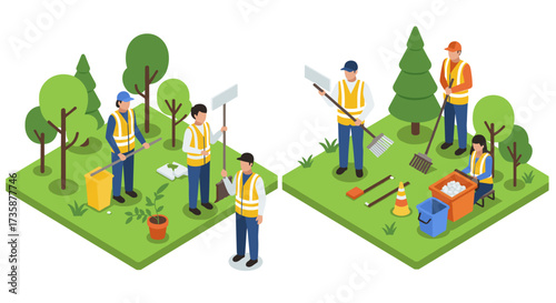Community volunteers engaging in cleanup and tree planting in urban park