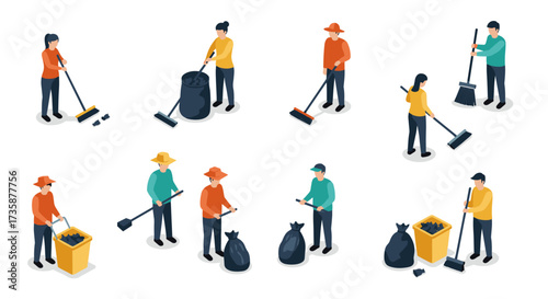 Isometric people sweeping and collecting trash in various outdoor tasks