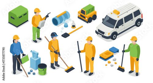 Urban sanitation workers in action with equipment and vehicles in isometric style