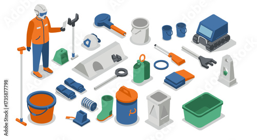 Isometric construction tools and worker in modern safety gear