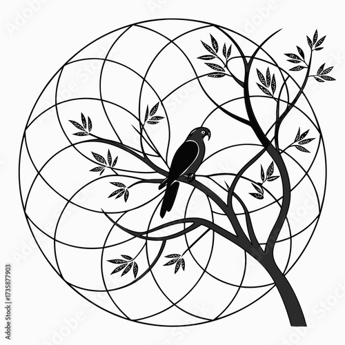 Stylized silhouette of a bird perched on a tree branch within a geometric circular design
