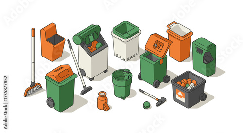 Isometric recycling bins and cleaning equipment in orange and green tones