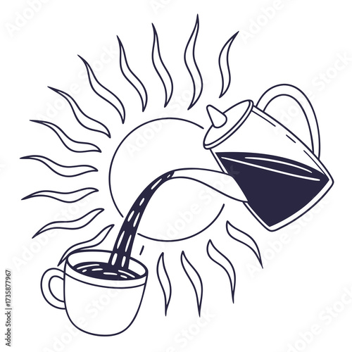 Stylized sun with radiating lines pours hot coffee from a pitcher into a steaming cup creating a warm morning beverage concept