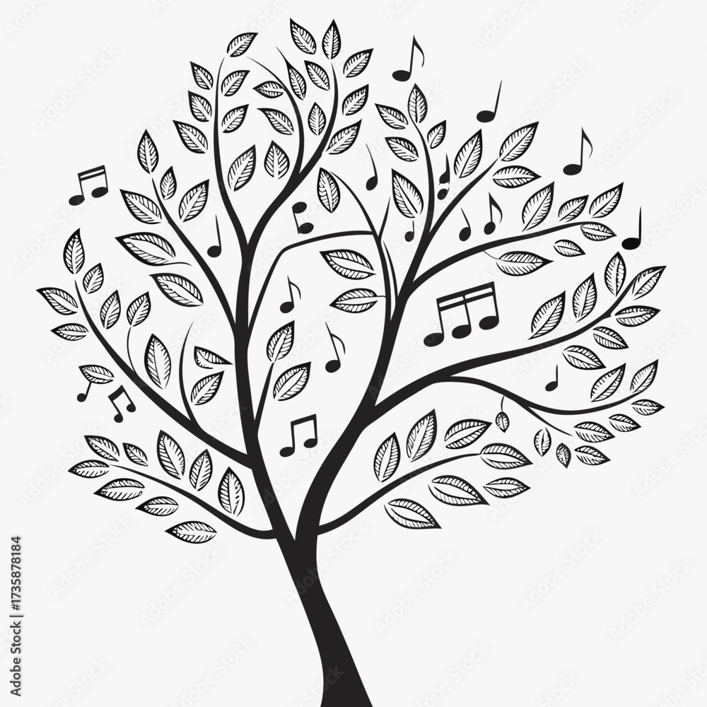 Obraz premium Whimsical black silhouette tree adorned with musical notes and detailed leaves against a clean white background