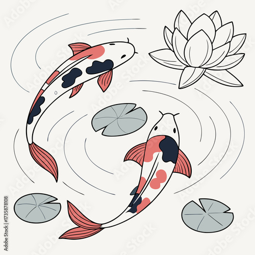 Two elegant koi fish swim gracefully in a tranquil pond surrounded by lily pads and a blooming lotus flower