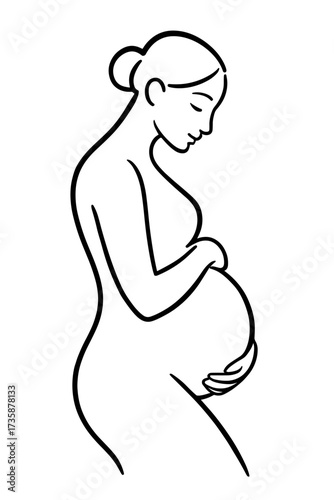 Line art of a pregnant woman sitting with hand on her belly, ideal for maternal health awareness, maternity clinics, and family planning content
