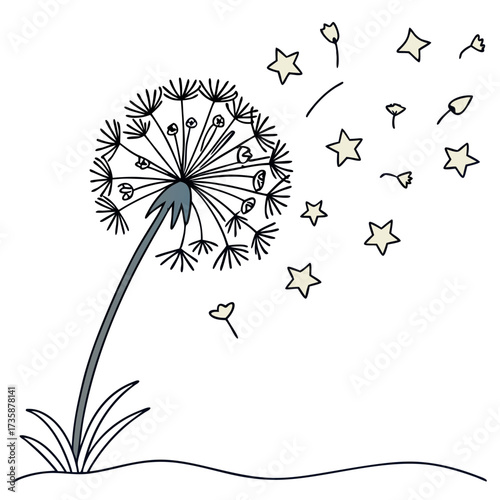 Whimsical dandelion blowing seeds that transform into stars and small flower buds against a white background