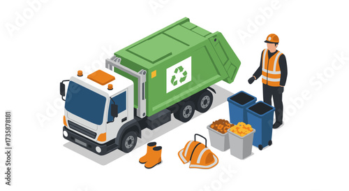 Isometric recycling truck and worker with safety equipment and bins