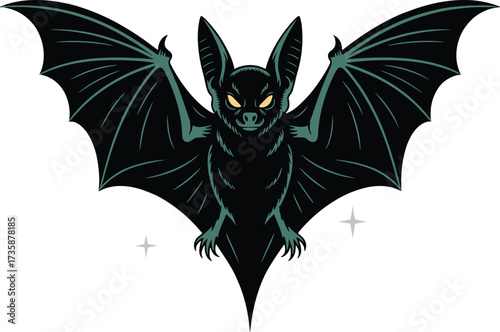 Stylized bat vector, glowing yellow eyes, green wing accents, spooky Halloween design, nocturnal animal art, gothic silhouette, dramatic illustration
