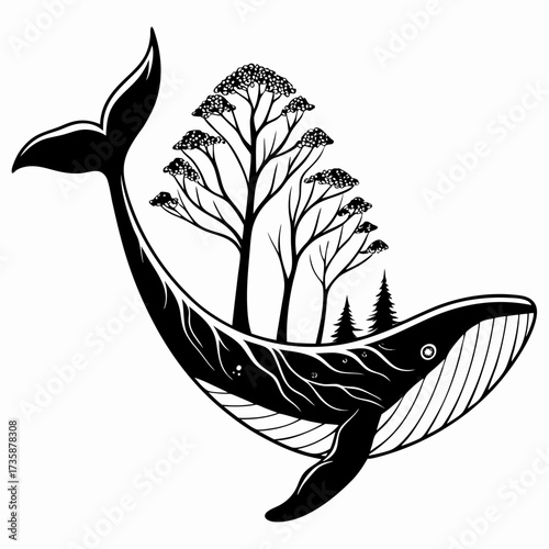 Whimsical silhouette of a majestic whale carrying a lush forest ecosystem on its back against a white background
