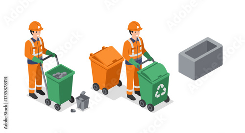 Isometric workers managing recycling and waste in urban environment