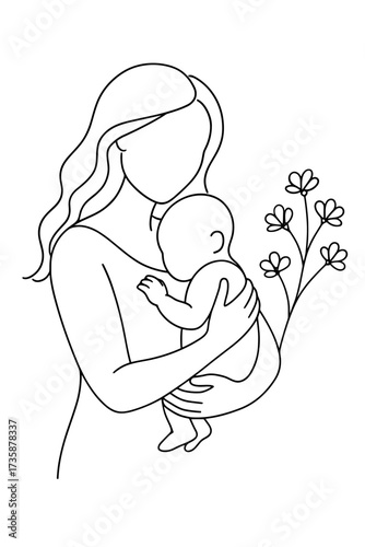 Minimalist line art of mother cradling baby surrounded by flowers, ideal for motherhood-themed prints, parenting blogs, baby product branding, or nursery decor
