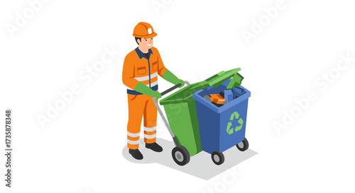 Isometric worker handling recycling bin with safety gear