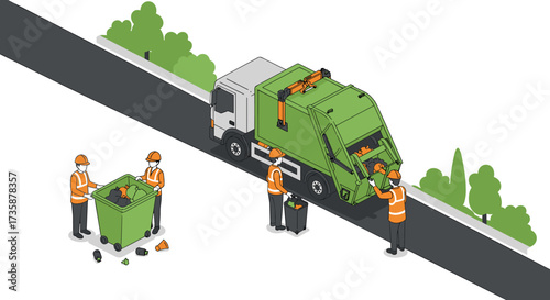 Isometric recycling truck with workers in safety gear on road with trash bins