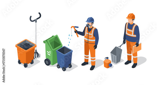 Waste management workers in safety gear handling trash bins and cleaning tools