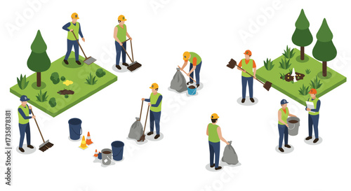 Isometric landscapers collecting garbage in park with tools and trees
