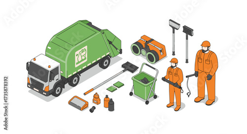 Isometric garbage collection equipment and workers in safety gear