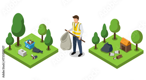 Isometric park cleanup volunteer collecting litter and recycling in green urban space