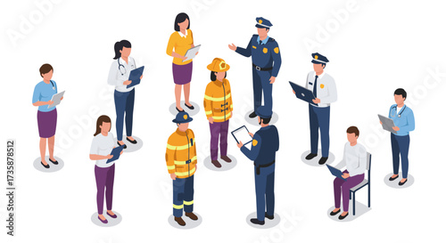 Diverse professions gathered in isometric design featuring emergency personnel and office workers