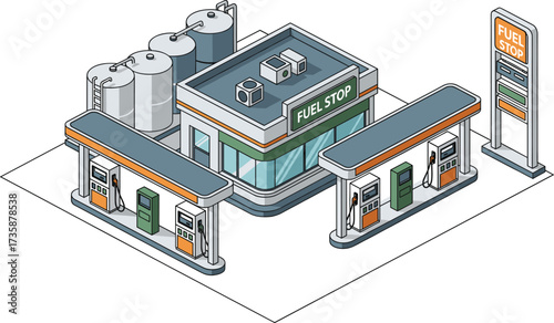 Isometric fuel station with canopy, pump islands, central building, rooftop HVAC, fuel tanks, roadside sign, modern infrastructure vector illustration 