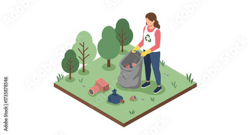Isometric female volunteer collecting litter in park for environmental cleanup