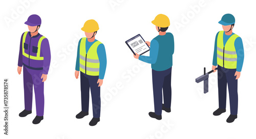 Isometric construction workers in uniforms with equipment and digital tablet