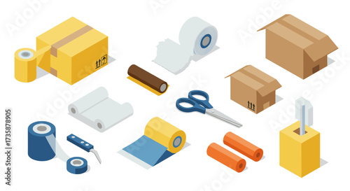 Isometric packaging and wrapping supplies with boxes, tapes, and essential tools