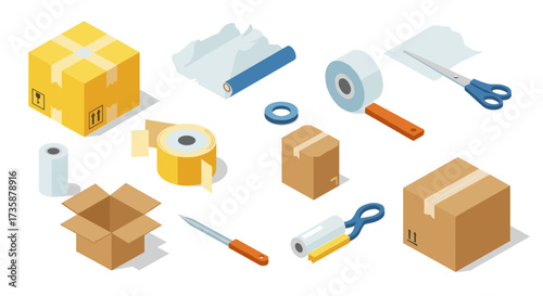 Isometric packaging tools and supplies with boxes, scissors, and tape