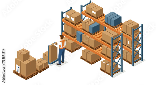 Isometric warehouse scene with worker organizing boxes on industrial shelving