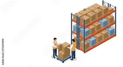 Warehouse inventory management workers handling boxes on industrial shelving in isometric style