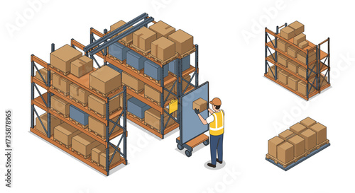 Warehouse storage system with worker organizing boxes in isometric view