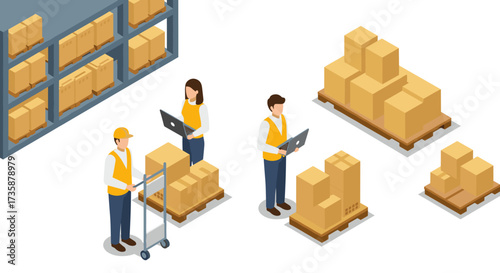 Isometric warehouse operations with workers managing inventory and packaging
