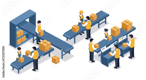 Isometric warehouse workers operating conveyor system for package distribution