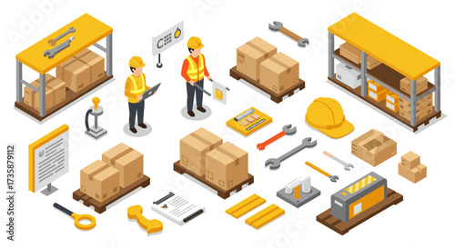 Isometric warehouse tools and workers for efficient construction management